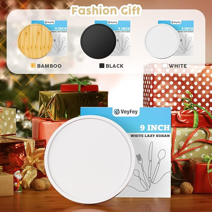 Turntable Vanity Tray 9 Inch for Perfume Candle, Bamboo Kitchen Sink Countertop Organizer for Keep Glass, Sponge and Soap Bathroom Countertop Organizer White