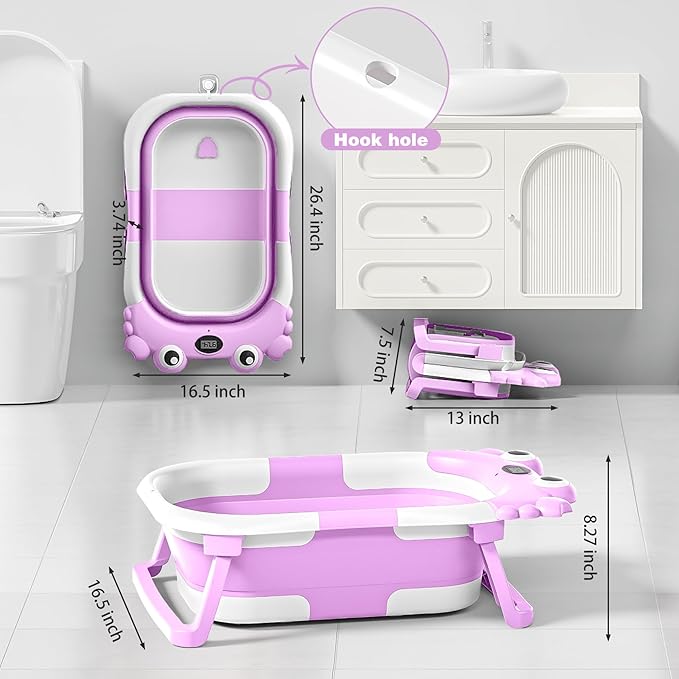 Collapsible Baby Bathtub for Newborns with Thermometer and Soft Floating Cushion Portable and Foldable Travel Baby Bath Tub for Infants to Toddler 0-36 Month (Purple)