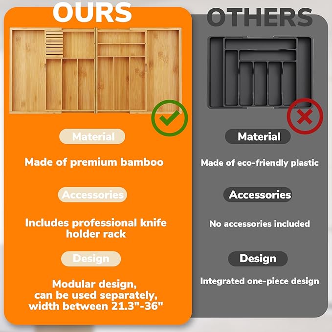 BAMEOS Expandable Silverware Drawer Organizer with Removable Knife Blocks, Bamboo Kitchen Utensil Holder from 21" to 36", Large Cutlery Tray with Divider for Forks, Spoons, Knives
