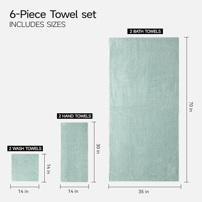 REDKISS Ultra Soft Bath Towels Set of 6 Large 35"x70" | 100% Microfiber, Highly Absorbent & Quick Dry | sage Green Towels for Bathroom, Spa, Gym | 2 Bath, 2 Hand, 2 Washcloths