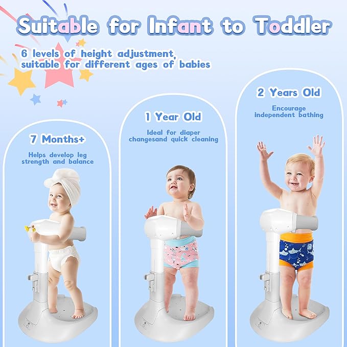 Baby Shower Stand, No-Assembly Baby Bath Stand with Enlarged Anti-Slip Base, Foldable Adjustable Toddler Shower Standing Support, Soporte para Bañera de Bebe, Ideal Gift for Infant 6–36 Months (Grey)