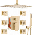 Enga Brushed Gold Rain Shower System with Body Jets, 12 inch Rain Shower Body Spray Jets System Ceiling Mounted Shower Faucet Set with 3-Function Brass Shower Valve