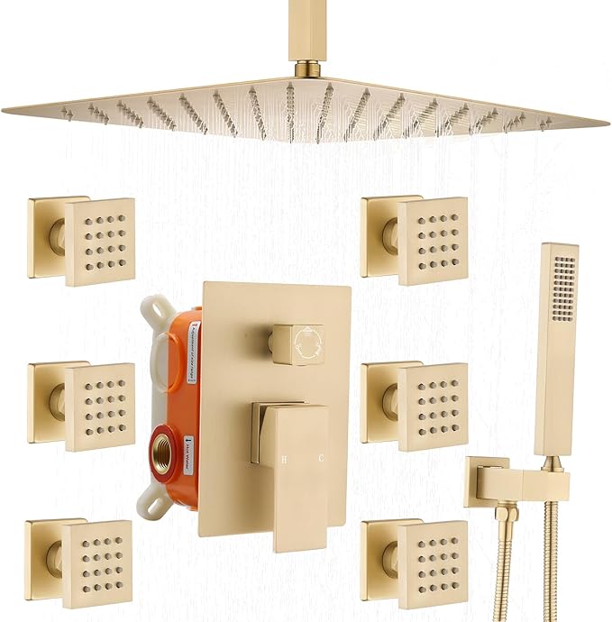 Enga Brushed Gold Rain Shower System with Body Jets, 12 inch Rain Shower Body Spray Jets System Ceiling Mounted Shower Faucet Set with 3-Function Brass Shower Valve