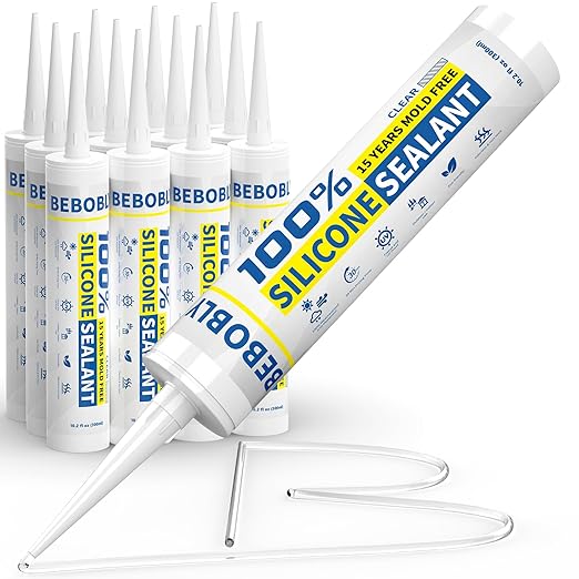 Silicone Caulk & Sealant Clear, 100% Waterproof Silicone Sealant, Shrink & Crack Proof, Silicone Sealant Caulking for Kitchen, Bathroom, RV, Interior & Exterior Use, 10.2 FL. OZ/300ML, 12 Pack