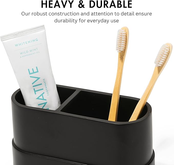 Matte Black Large Toothbrush and Toothpaste Holder and Cup for Bathroom Vanity and Countertop, 2 Compartment Organizer for Electric Toothbrushes, Floss, Razors, Cotton, and Mouthwash - YEW DESIGN