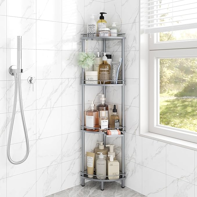 ELYKEN Corner Shower Caddy Standing, 4 Tier Rustproof Metal Shower Organizer with Soap Holder, Floor Shower Corner Shelf Rack Storage Stands with Adjustable Feet & 2 Hooks for Bathroom, Silver