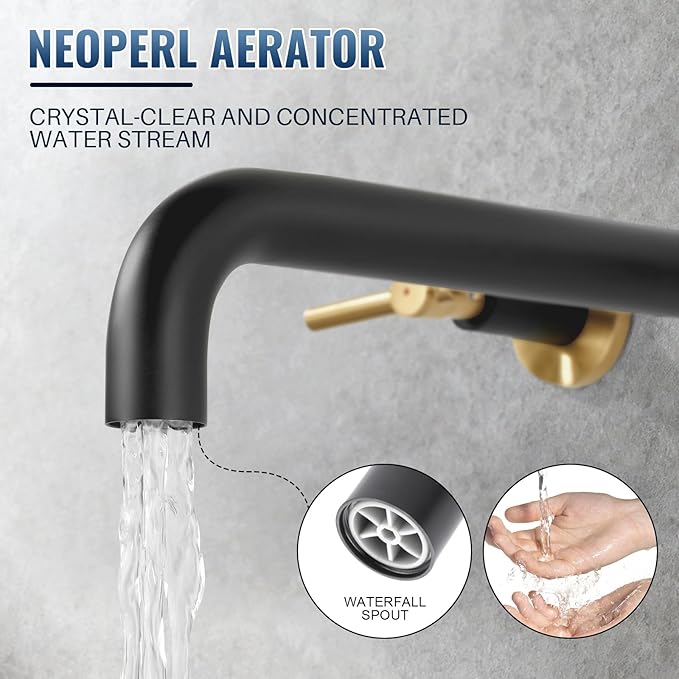Wall Mount Tub Filler Bath Tub Faucet High Flow Bathtub Faucets Two Handles Solid Brass, 12" Long Spout Reach, Black Gold