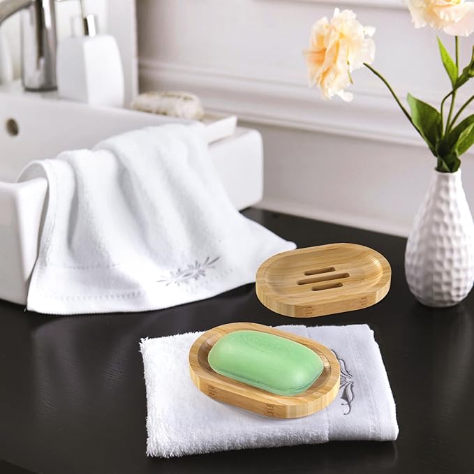 AmazerBath Bamboo Soap Holder, Bamboo Soap Dish, 2 Pack Soap Dishes for Bar Soap, Soap Tray Self Draining, Oval Soap Saver for Shower, Bathroom, Kitchen