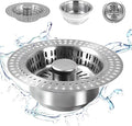 3 in 1 Kitchen Sink Drain Strainer Stopper, Stainless Steel Pop Up Sink Stopper with Anti-Clogging Basket Strainer Width 3.07" Height 1.77 for Deep Sink (Silver)