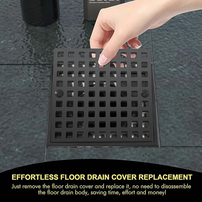 3-7/8" Matte Black Shower Drain Cover - Square Floor Drain Cover Replacement - Hair Catcher/Drain Strainer for Bathrooms, Showers, and Sinks - SUS304 Stainless Steel & CUPC Certified