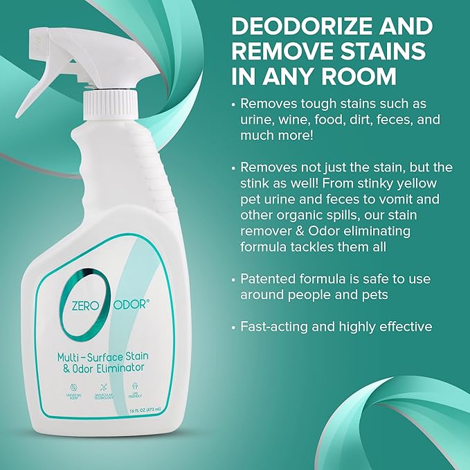 Zero Odor – Multi-Surface Stain Remover & Odor Eliminator - Remove Stains and Odor Patented Molecular Technology Best for Carpet, Rug, Linens, Furniture, Floors, 16oz