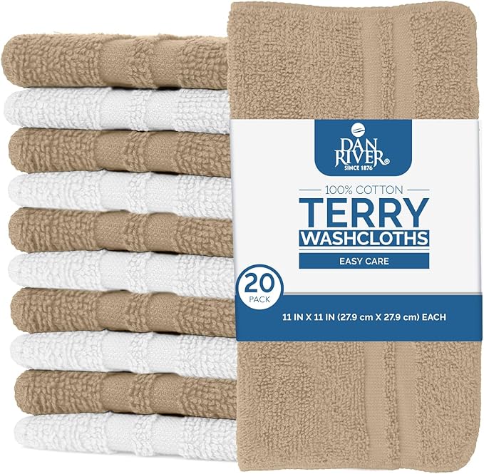 DAN RIVER 100% Cotton Washcloths 20 Pack Premium Quality Face and Body Cloth, Quick Dry Essential Towels for Bathroom, Hand, Kitchen & Cleaning, Baby Washcloths | 11X11 in | 400 GSM | Tan + White