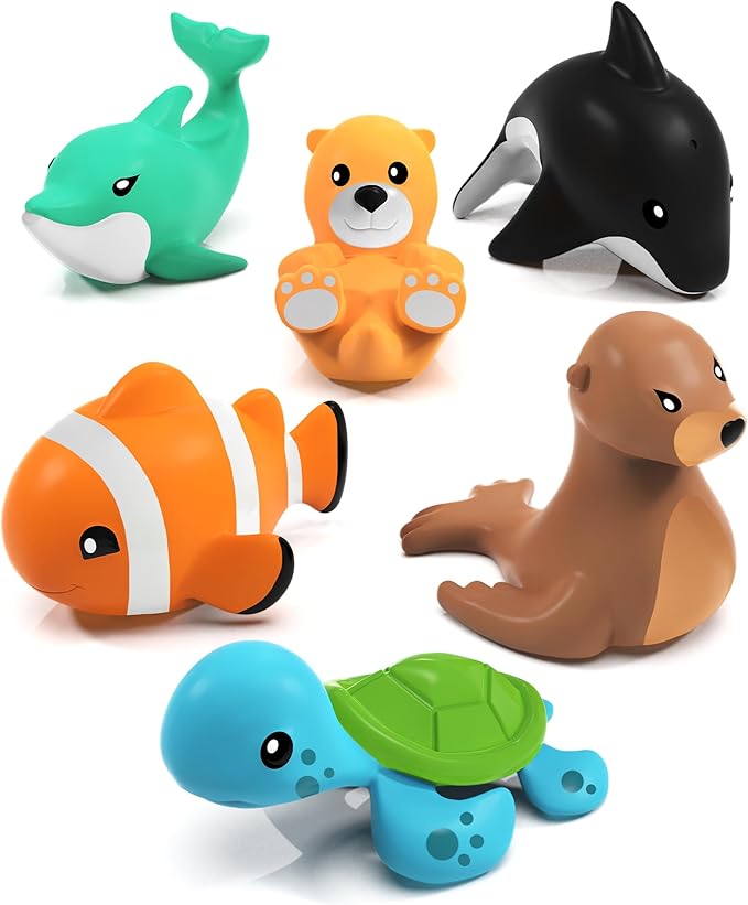 Tub Works® Marine™ Mold Free Bath Toys, 6 Pack | Sealed, No Hole Bath Toys Design Keeps Moisture Out | Soft, Squeezable & Float on Water | Easy-Grip Baby & Toddler Bath Toy Set | Great Baby Pool Toys