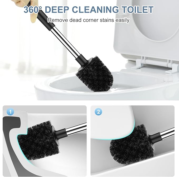 SetSail Toilet Brush and Holder, Self Closing Lid Toilet Bowl Brushes Holder and Extra Long Handle Ventilated Toilet Brush Set for Bathroom Cleaning, Nylon Bristles, 2 Packs-Black