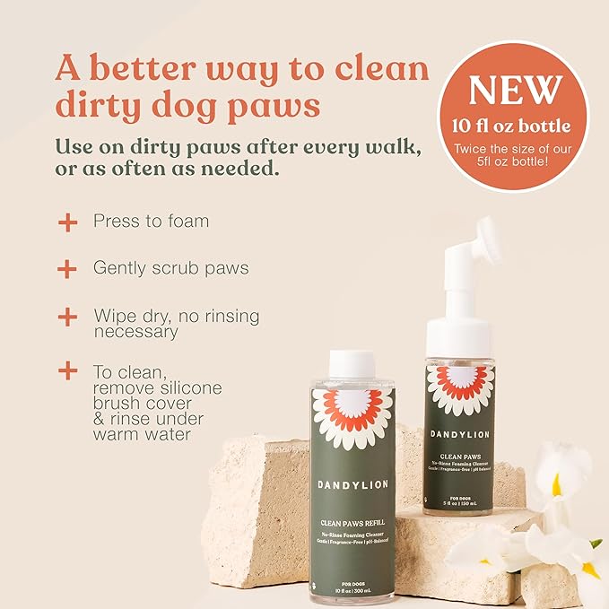 Dandylion Clean Paws No-Rinse Foaming Cleanser Refill – Gentle, Fragrance-Free, pH-Balanced for Dogs, 10 fl oz