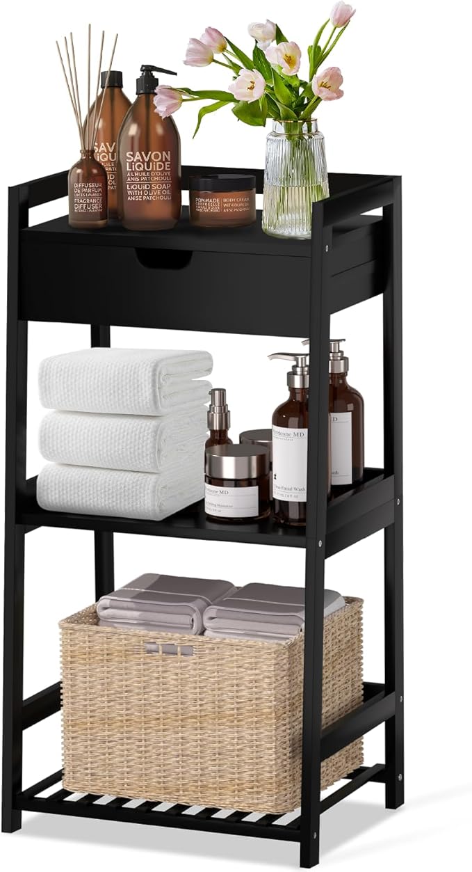 3 Tier Bamboo Bathroom Shelves with Drawer, Ladder Shelf for Bathroom Storage, Space-Saving Design, Stylish Display Nightstand, Stylish Storage Solution for Home, Living Room, Kitchen, Office