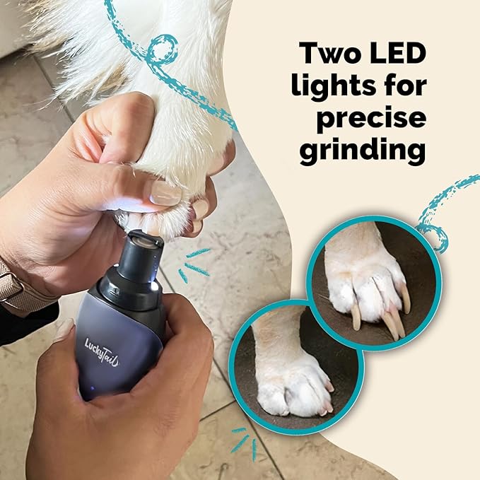 LUCKY TAIL Pet Nail Grinder for Dogs and Cats - Super Quiet and Low Vibration Electric Dog Nail Grinder with 2 LED Lights - USB Rechargeable and Cordless - 2 Speeds - Small to Large Pets - Dark Blue