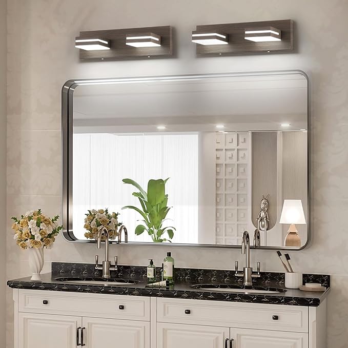 SineRise LED Modern Bathroom Vanity Light Fixtures (2-Light, 15.5-Inch), Brown Wood Painted Modern Acrylic Bathroom Wall Lighting Fixtures Over Mirror (Cool White 6000K)