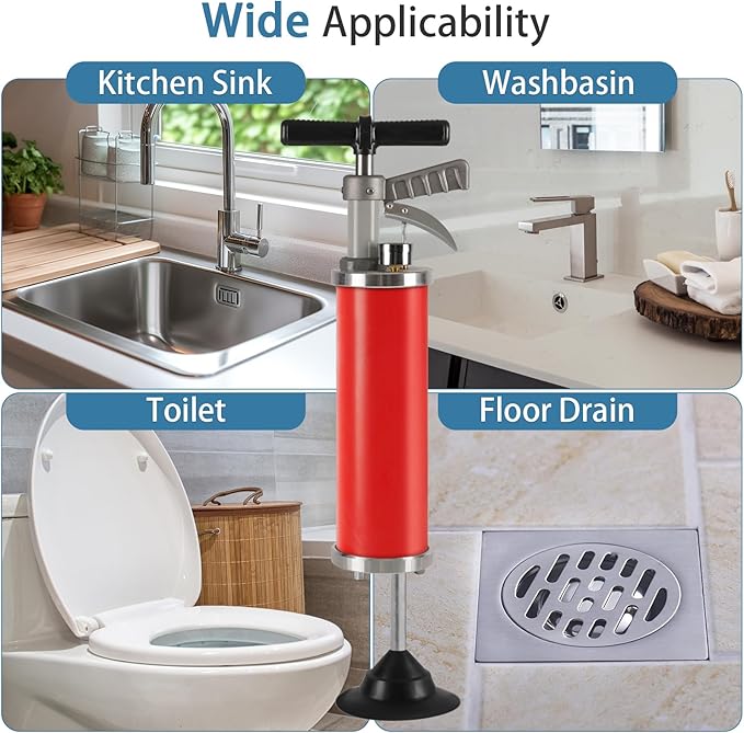 Portable High Pressure Kinetic Toilet Plunger Air Drain Blaster Pump for Bath Toilets Bathroom Shower Kitchen Clogged Pipe (Red)