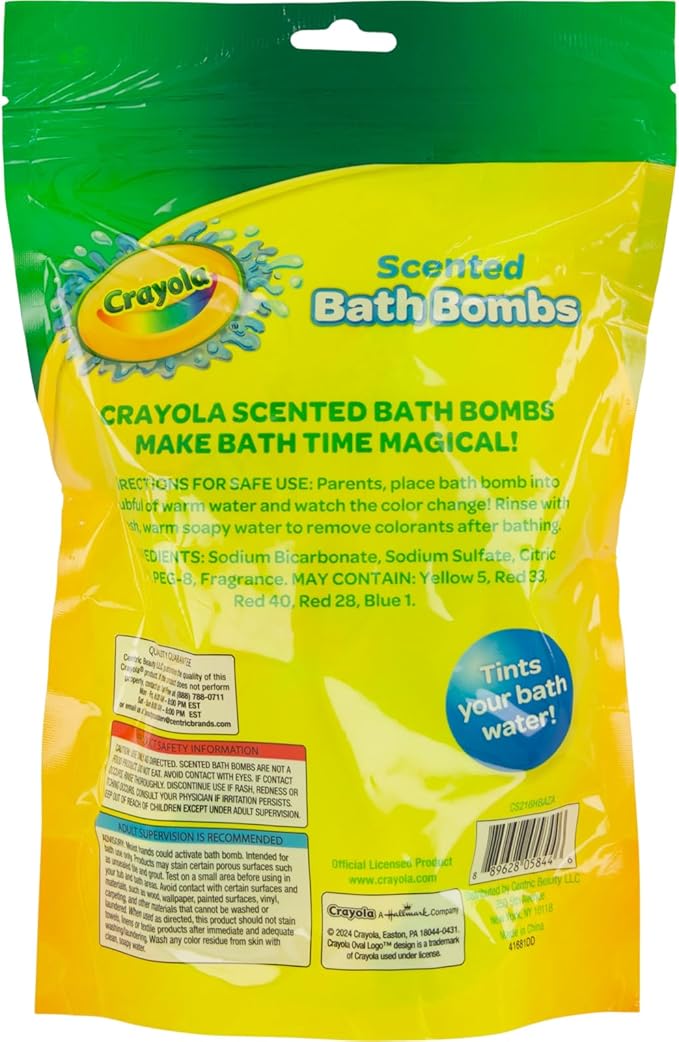 Crayola Colorful Scented Bath Bombs for Kids, Color You Bath Non-Toxic Bathbomb Fizzies for Boys Girls Holiday Stocking Stuffer, Grape Jam, Laser Lemon, Cotton Candy, & Bubble Gum Scents