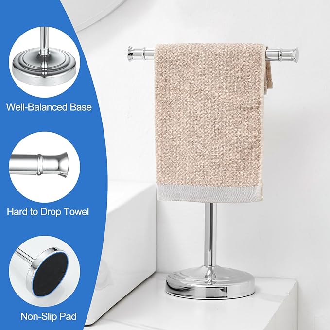 RUMOSE 13 Inch Polished Chrome Towel Stand Hand Towel Holder Bathroom Kitchen Vanity Countertop T-Shape Towel Rack Free Standing Stainless Steel Towel Bar Towel Ring