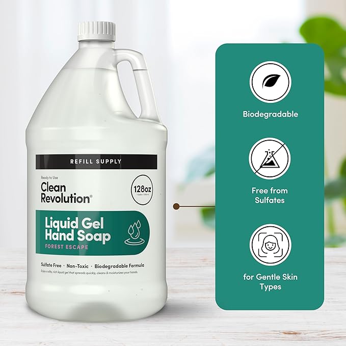 Clean Revolution Liquid Gel Hand Soap, Silky Rich Liquid, Quick Lather, Fast Rinsing, Contains Real Essential Oils (Forest Escape) 128 Fl Oz