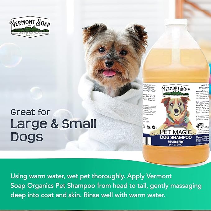 VERMONT SOAP Organics Pet Shampoo - Infused with Organic & Natural Olive Oil, Coconut & Aloe Vera Dog Shampoo for Sensitive Skin - USDA Certified Grooming, Blueberry (64oz)