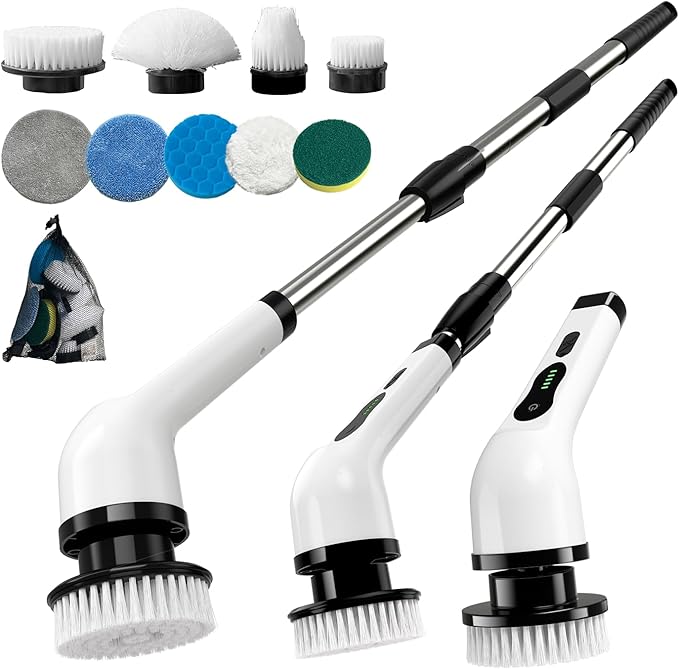 Kingwell Electric Spin Scrubber, Cordless Electric Scrubber for Cleaning with 9 Brush Heads, 2 Speeds,3 Adjustable Handle, 90Mins Work Time, Shower Scrubber for Bathroom, Tub, Floor,White