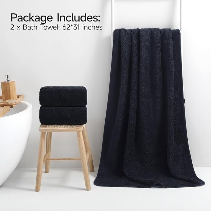 REDKISS 2 Piece Luxury Bath Towel Set - 31x62 inch Oversized Thick Bath Sheet, 100% Cotton, 900 GSM, Super Soft, Highly Absorbent, Quick Dry Large Black Bath Towels, Ideal for Bathroom, Pool, Gym, Spa