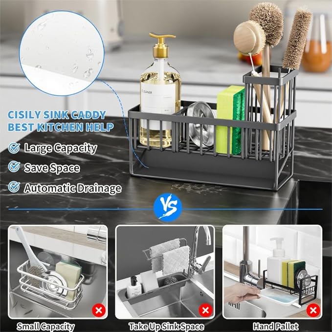 Cisily Sink Caddy Organzier with High Brush Holder, Sponge Holder for Sink, 304 Rustproof Stainless, Kitchen Countertop Soap Dispenser Organizer, Dark Gray Kitchen Decor and Accessories