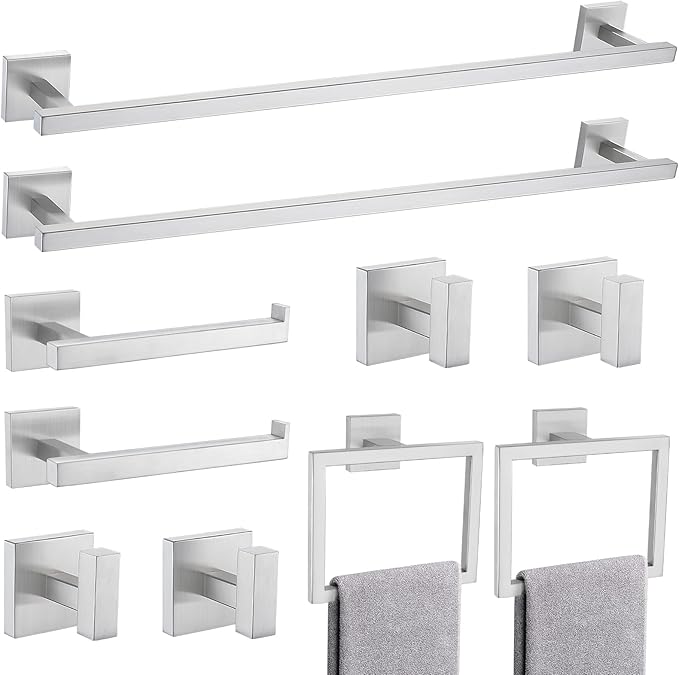 TQKAG Brushed Nickel Bathroom Hardware Accessories Set 10 Pieces, 23.6" SUS304 Stainless Steel Towel Bar Set Wall Mounted Includes Single Towel Bar, Towel Ring, Toilet Paper Holder, Double Towel Hooks