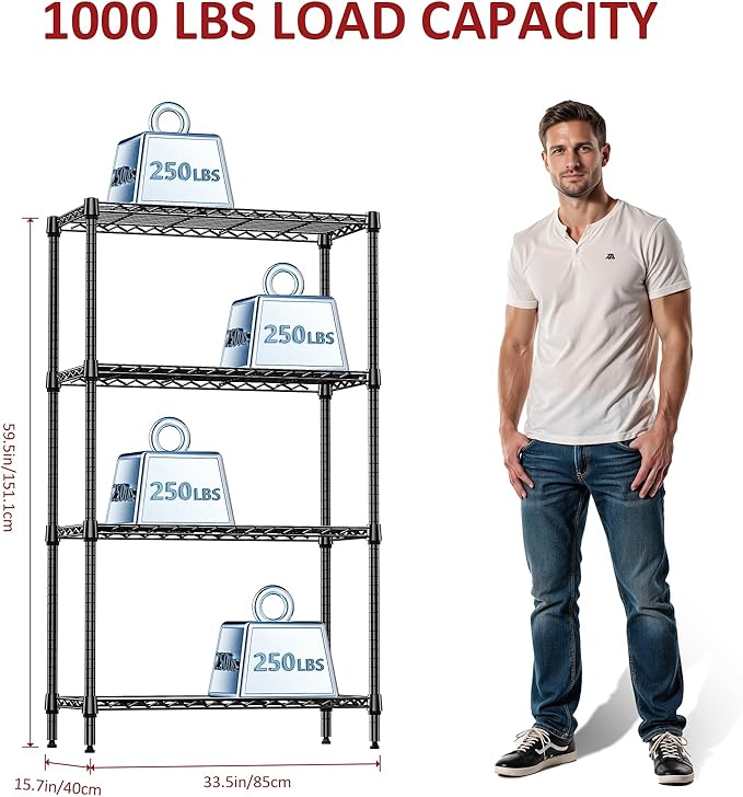 IZEUK 4-Tier Black Metal Storage Shelves, Heavy Duty Adjustable Wire Shelving Rack for Garage, Kitchen, Bathroom, Closet Organizer, 1000 lbs Capacity, 15.7" D x 33.5" W x 59.5" H