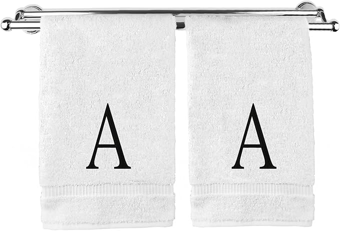 Monogrammed Hand Towel, Personalized Initial Gift, Extra Absorbent 100% Turkish Cotton - Soft Terry Finish - Set of 2 - Black Block Initial A - Embroidered on White Towels