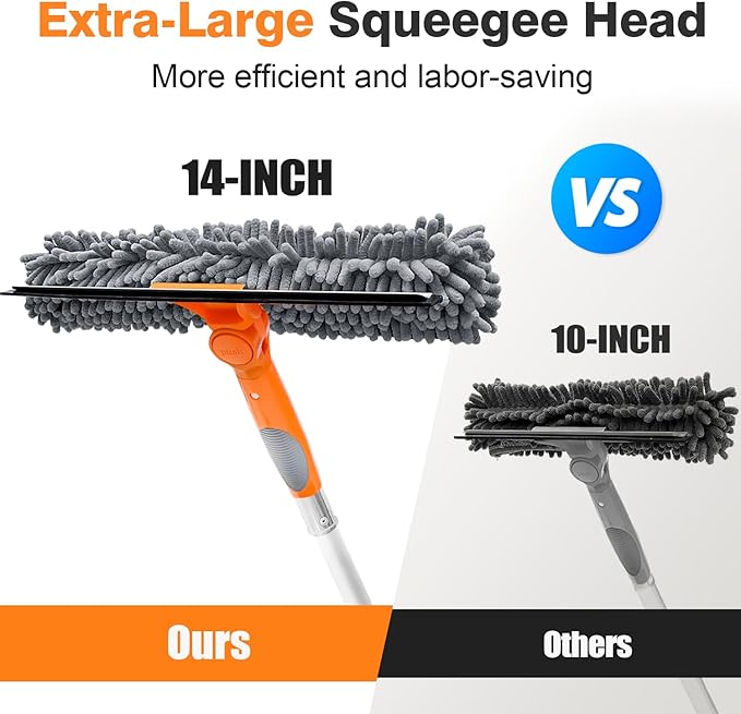 20 Ft High Reach Window Squeegee with 5-12Ft Extra-Thick Aluminum Telescopic Extension Pole| 14" Extra-Large 2-in-1 Window Cleaner Tool| Window Washer for Indoor/Outdoor Window,RV,Truck Glass