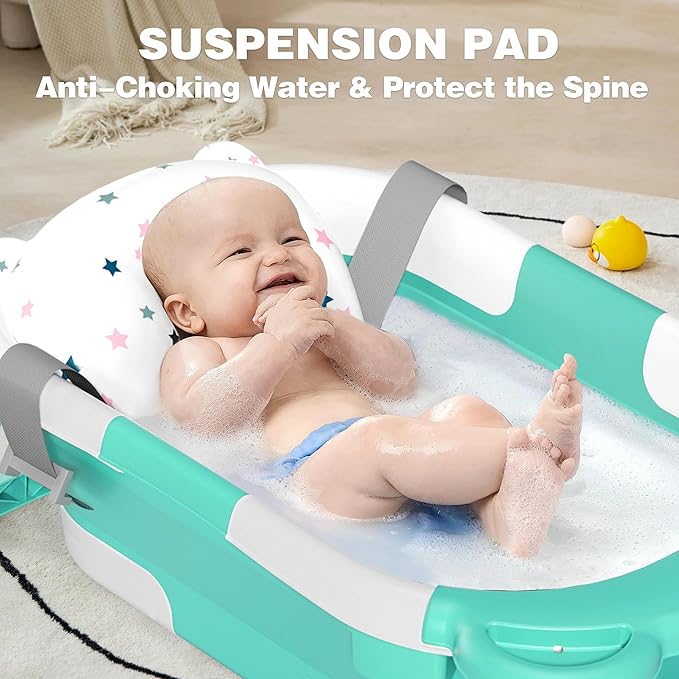 MoreFeel Collapsible Baby Bathtub for Newborn with Thermometer & 1 Hooded Towel & 1 Soft Floating Cushion,Portable Travel Bathtub with Drain Hole, Durable Foldable Baby Tubs for Infants to Toddler