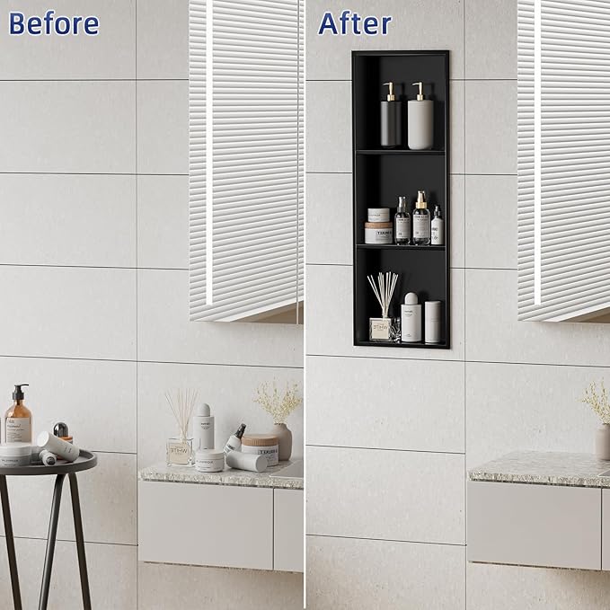 36x12 Inch No Tile Needed Shower Niche - 304 Stainless Steel Niche Shower with 3- Tier Shelves Recessed Wall Niches for Bathroom Storage,Matte Black