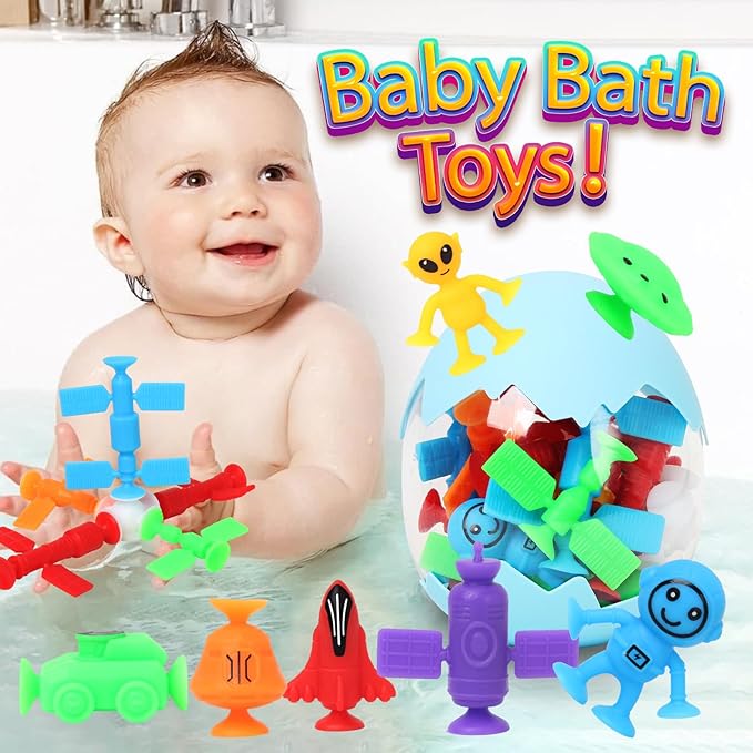 Suction Bath Toys for Kids, 20 Pcs No Hole Outer Space Bath Toy with Eggshell & Bag, Silicone Suction Cup Toys, Sensory Window Building Toys for Toddlers Boys Girls 3 4 5 6 Year Old