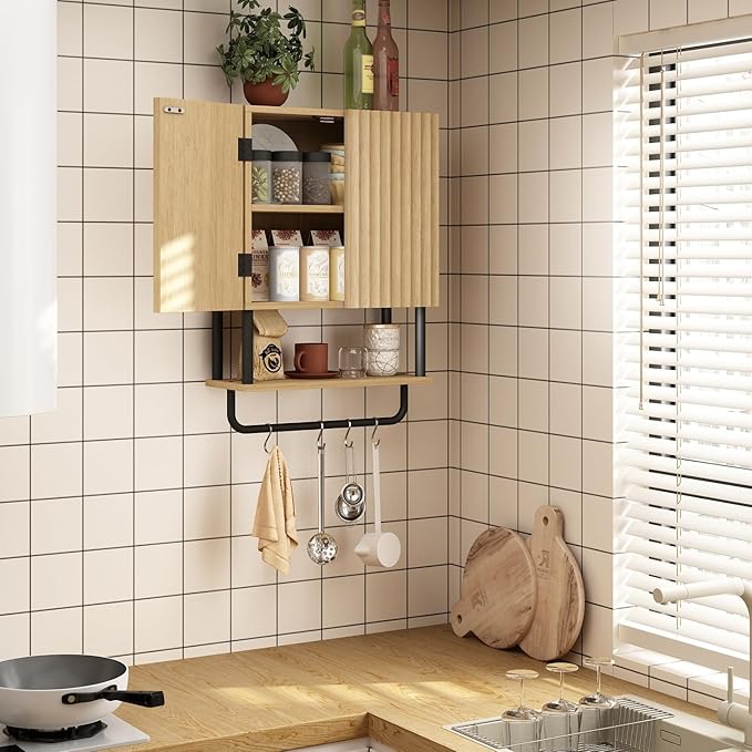 RUSTOWN Farmhouse Bathroom Wall Cabinet with 2 Door, 3-Tier Curved Profile Wooden Medicine Cabinet, Wall Mounted Storage Cabinet with Adjustable Shelf and Towel Bar (Natural, Small)