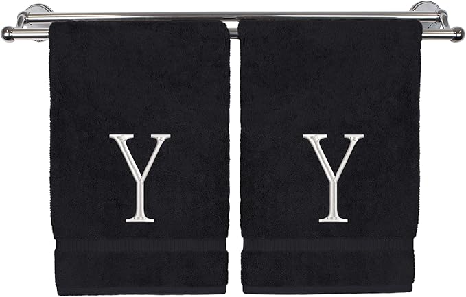 Monogrammed Hand Towel, Personalized Initial Gift, Extra Absorbent 100% Turkish Cotton - Soft Terry Finish - Set of 2 - White Block Initial Y - Embroidered on Black Towels