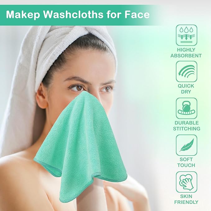 Nugilla Makeup Remover Cloth 12 x 12 Inch, Reusable Makeup Remover Towels for Washing Face, 6 Pack Washable Microfiber Face Cloth Fast Drying Washcloth, Green
