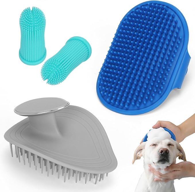 4Pcs Dog Bath Brush Set Non-Slip Shampoo Brush Anti-Slip Adjustable Massage Scrubber 360° Silicone Bristles Finger Toothbrushes for Pet Shower Grooming Brush