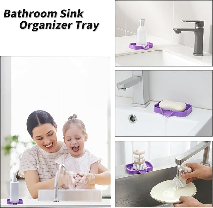 Silicone Bathroom Soap Dishes with Drain Spout-Bathroom and Kitchen Sink Organizer,Sponge Holder,Dish Soap Tray,Perfect for Dispenser,Scrubber,Bottle,Cup on Sink or Counter-Purple 4.9"×3.2"