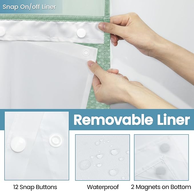 Mint Green No Hook Shower Curtain with Snap in Liner,230GSM Waffle Weave Shower Curtains for Bathroom,71W x 74H