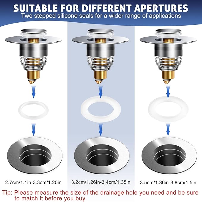 AURUZA 2 Pack Universal Bathroom Sink Stopper, Strainer for 1.1-1.5 Inch Bullet Core Push Type Basin Pop Up Drain Filter,Bathtub Converter with Anti Clogging Basket Hair Catcher