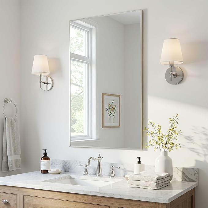 24x40 Inch Silver Bathroom Mirror - Copper-Free Mirror, Aluminum Alloy Frame Vanity Rectangle Wall Mounted Modern Mirror for Bedroom/Living Room/Porch Horizontal or Vertical