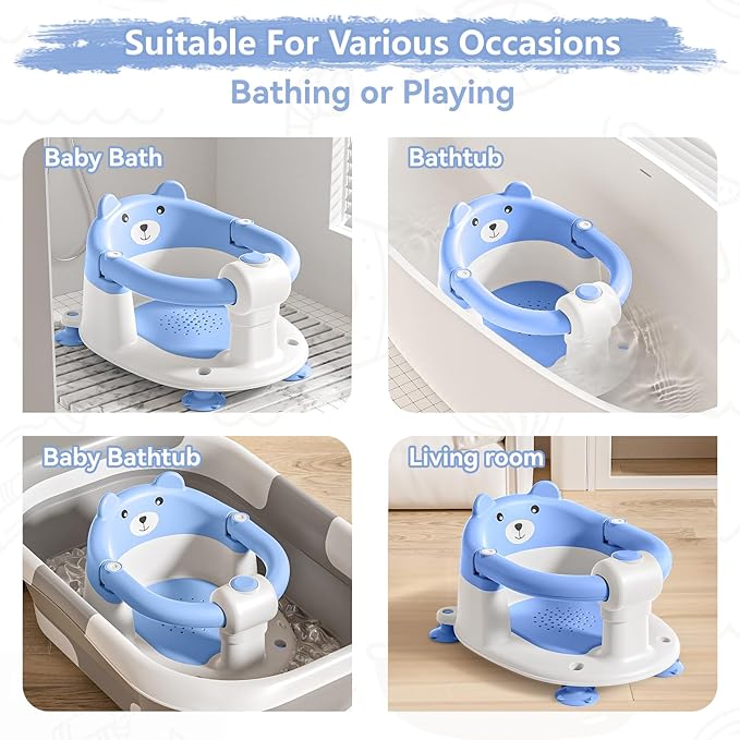 Baby Bath Seat for Babies 6 Months & Up, Toddler Bath Seats for Babies Sitting Up, Non-Slip Infant Bath Tub Chair with 4 Suction Cups & Soft Cushion for Shower, Compact Toddler Bathtub Seat, Blue