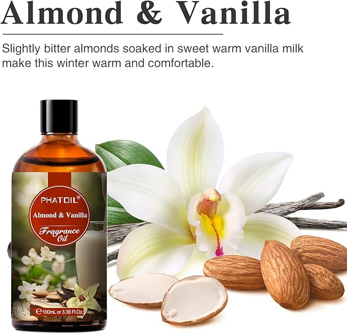 PHATOIL 3.38FL.OZ Almond Vanilla Fragrance Oils for Aromatherapy, Essential Oils for Diffusers for Home, Perfect for Diffuser, Yoga, Skin Care, DIY Candle and Soap Making - 100ml