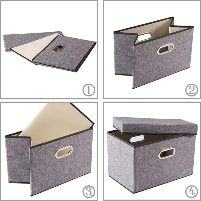PRANDOM Foldable Storage Boxes with Lids [3-Pack] Linen Fabric Collapsible Storage Bins Organizer Containers Baskets Cube with Cover for Home Bedroom Closet Office Nursery (14.9x9.8x9.8)