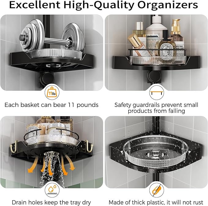 360° Rotating Corner Shower Caddy Tension Pole Organizer - 4-Tier Adjustable Rustproof Metal Pole, Plastic Shelves with Safety Guardrail, Bathroom Storage for Shower & Bathtub(Black)
