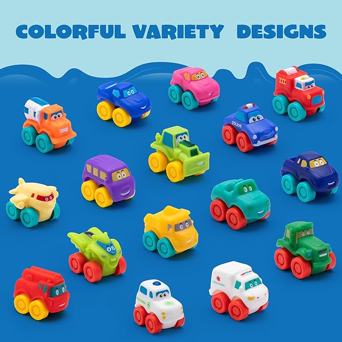 JOYIN Cartoon Cars, Soft Rubber Toy Car Set, Mini Vehicles, Bath Toy Car for Toddlers, Christmas Great Gift for Boys and Girls, Summer Beach and Pool Activity, Party Favors for Kids